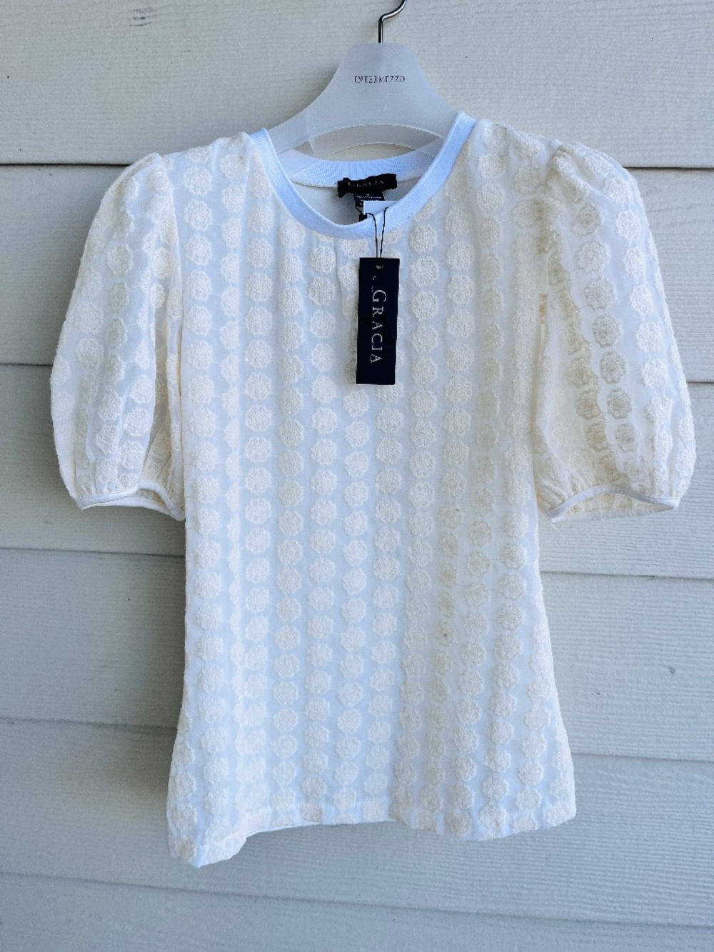 NWT Gracia Ivory Embroidered Textured Chiffon/Jersey Puff Sleeve Blouse / Top S